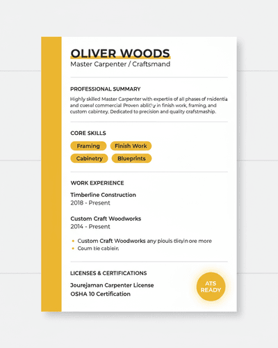Carpenter Craftsman resume template preview for Carpentry